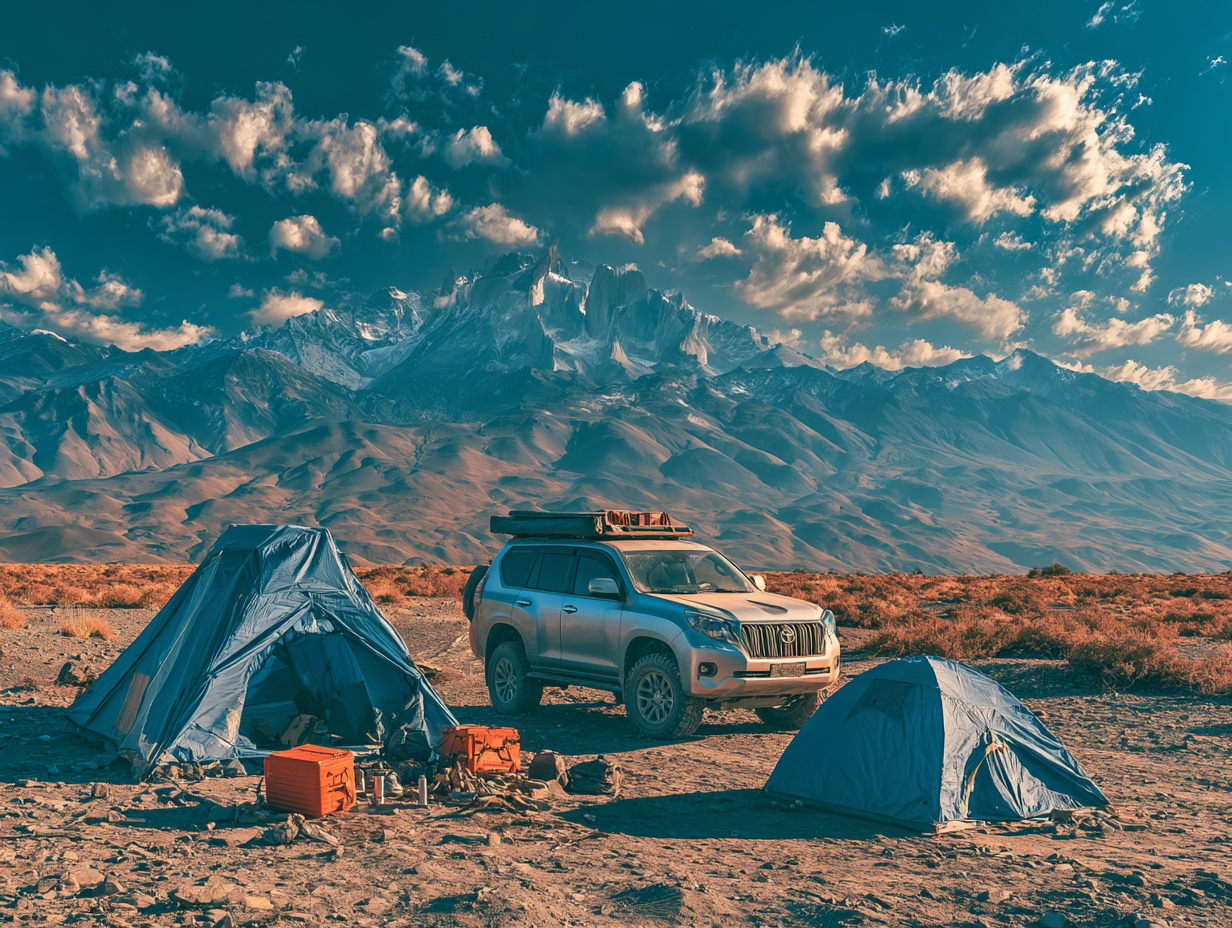 Overland vehicles camped beneath snow-capped mountains
