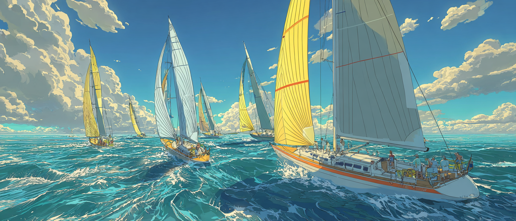 Bright-sailed boats on open blue water